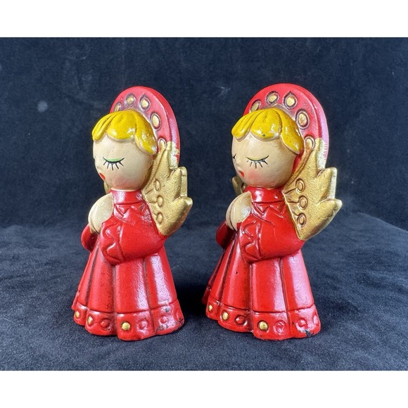 Vintage Christmas Angel Figurines Pair Red Gold Praying Mid Century Mod Retro - Picture 3 of 7